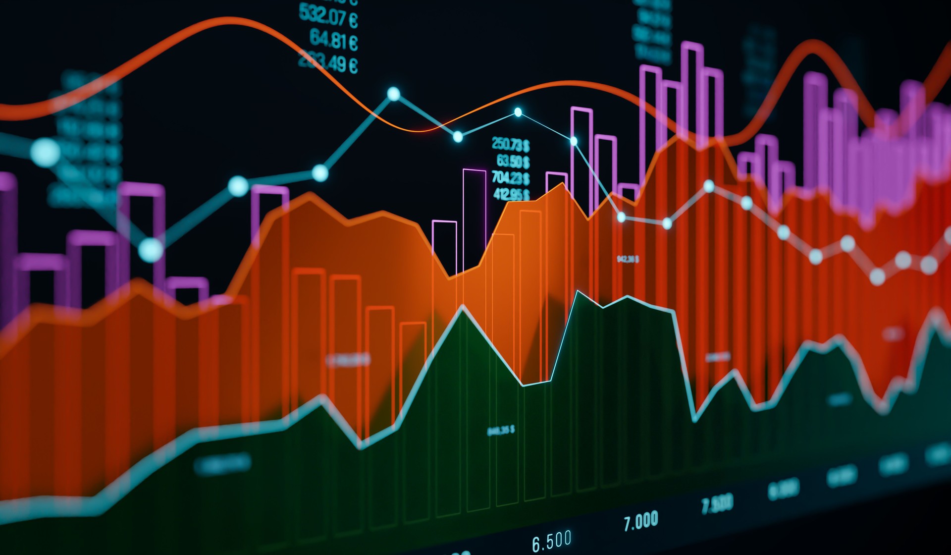 Abstract concept of stock exchange charts, bar graph and market data, colored in blue and orange.